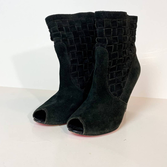 Betsey Johnson Black Suede Peep Toe Skinny Wedge Booties - Picture 2 of 9